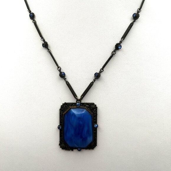 Vintage 1920s Czech Art Deco Blue Glass Necklace Filigree Bar Link Chain 18” - Picture 1 of 16